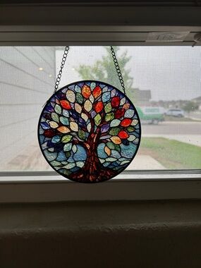 Round Multicolor Stained Glass Tree of Life Window Panel